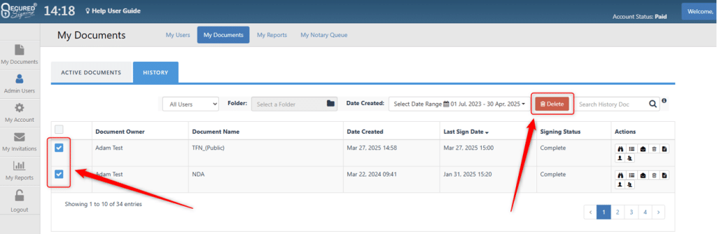 Bulk Delete - History - Secured Signing