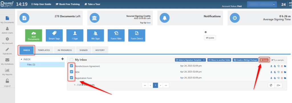 Bulk Delete - Inbox - Secured Signing