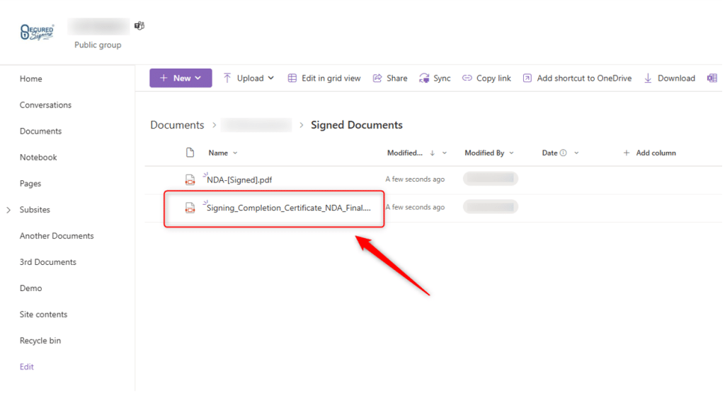 Sharepoint - Example of Signing Completion Certificate Saved Back